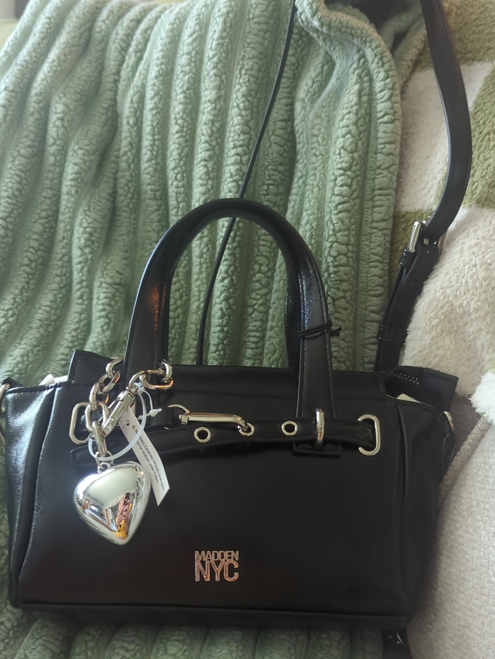 Madden NYC Black Satchel with Silver Heart Charm